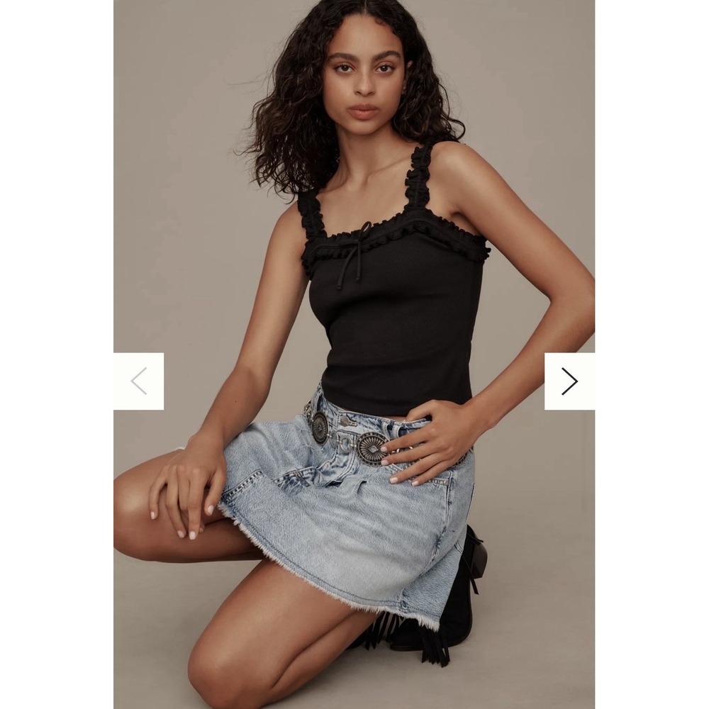 Anthropologie Maeve Dorrie Ruffled Cami Black Rib Knit Bow Tank Top XXS
